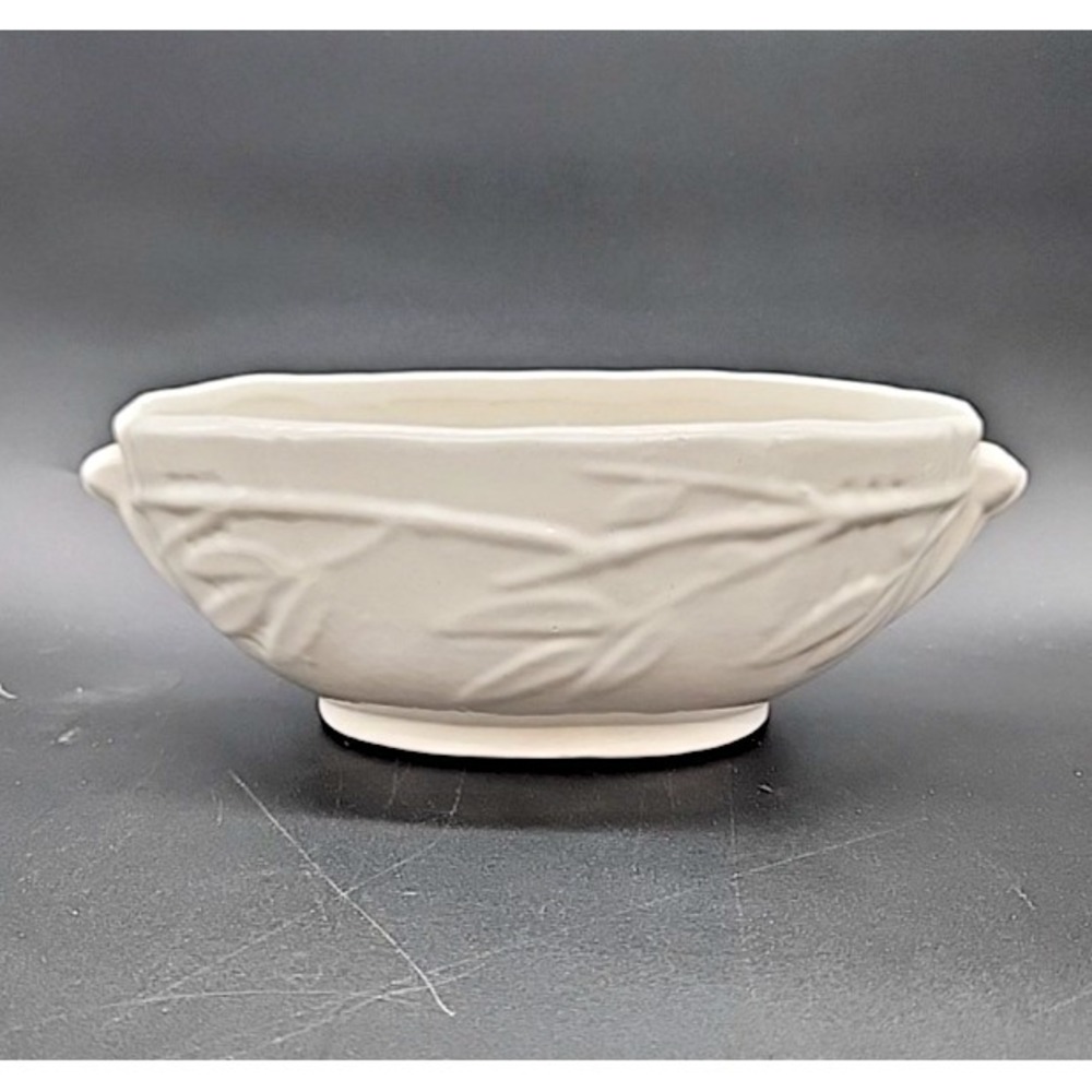 Mid Century Modern White Clay Planter Handled Oval Bowl Art Deco Leaves Design